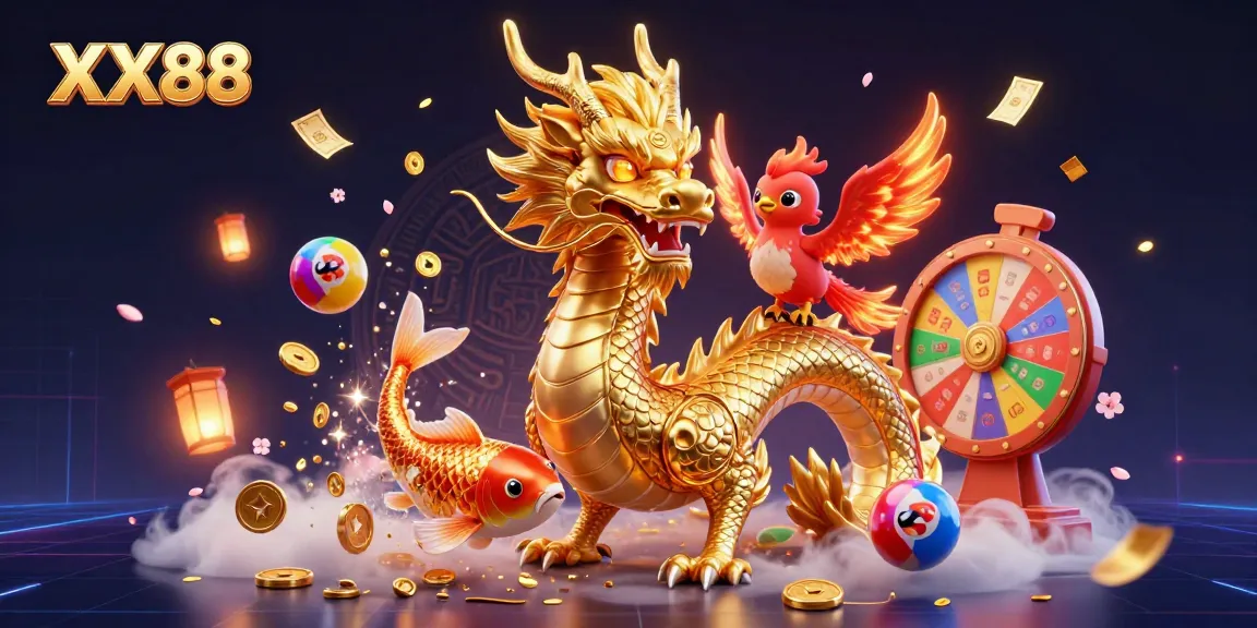 Join the excitement at XX88 with golden dragon and phoenix in vibrant lottery scene.