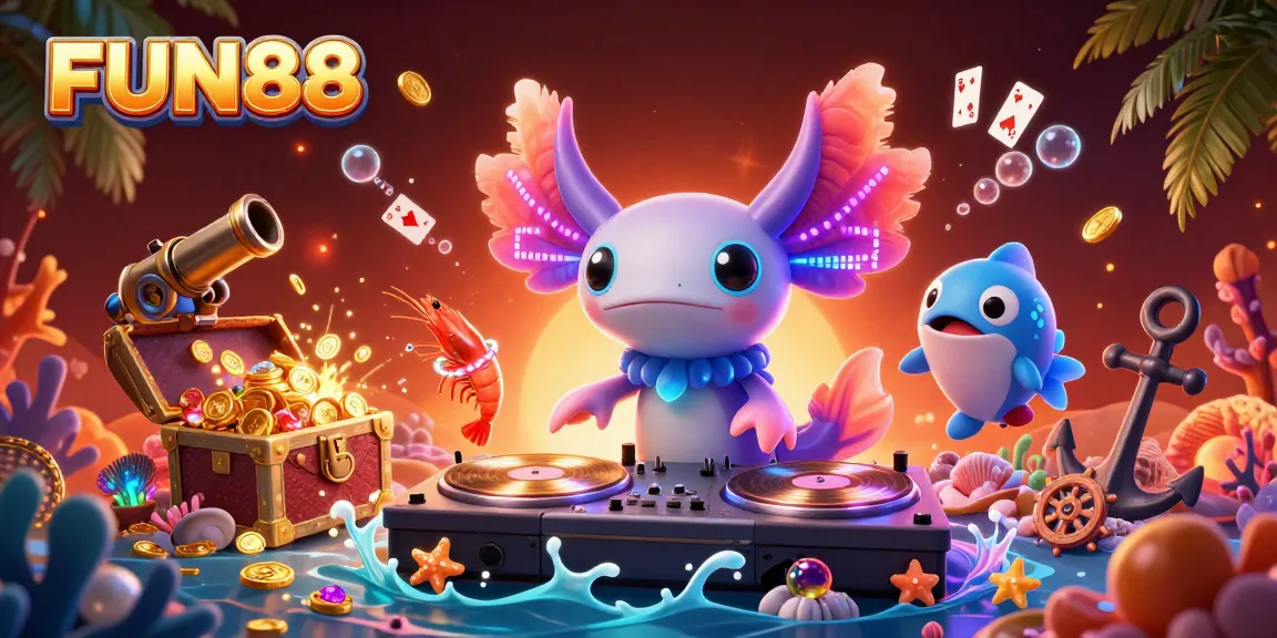 Celebrate FUN88's vibrant casino atmosphere with a neon axolotl DJ and dynamic underwater casino elements.