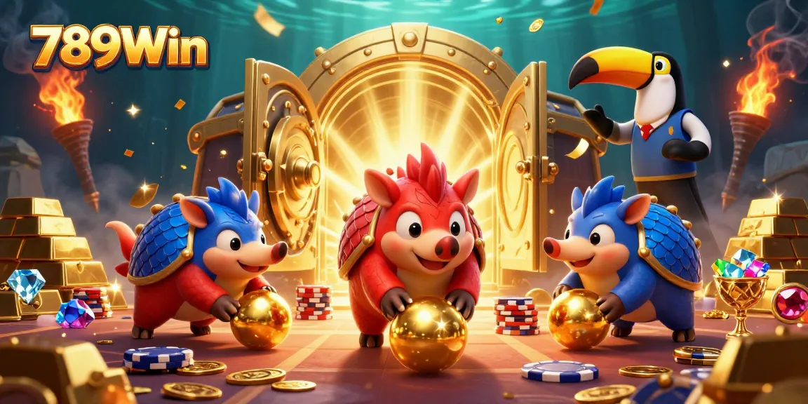 Rival pangolins rolling golden balls like 789Win in a vibrant casino scene with confetti and treasure.