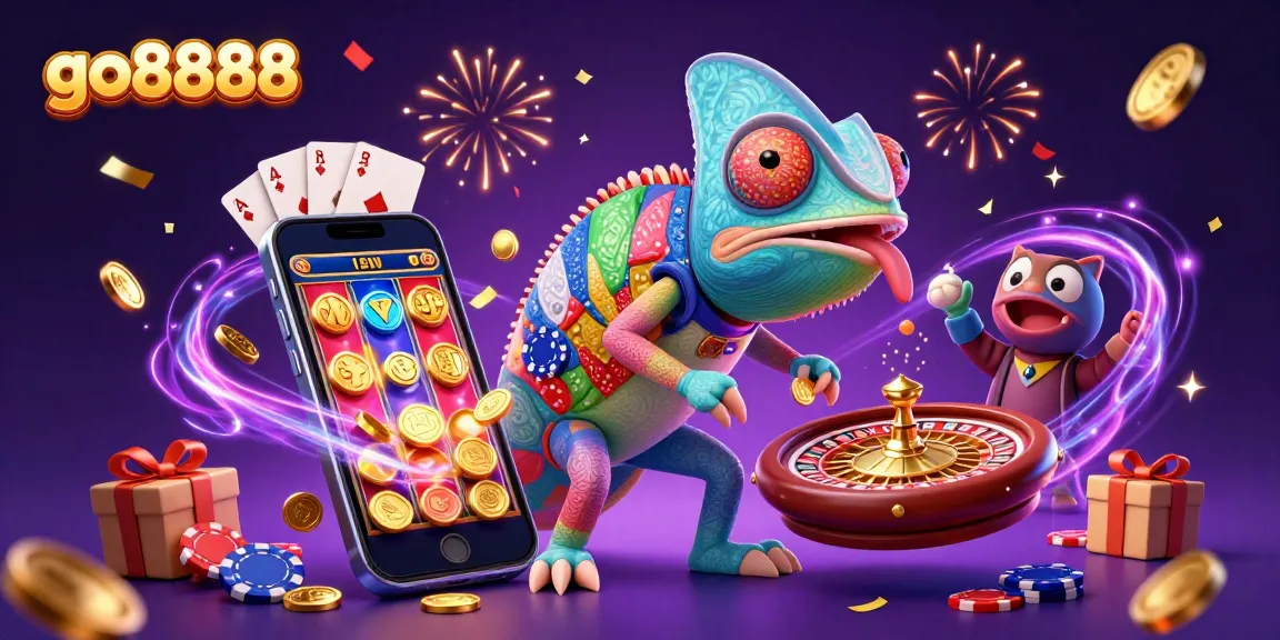 Engage with exciting slots and casino games at go8888 with vibrant 3D chameleon art.