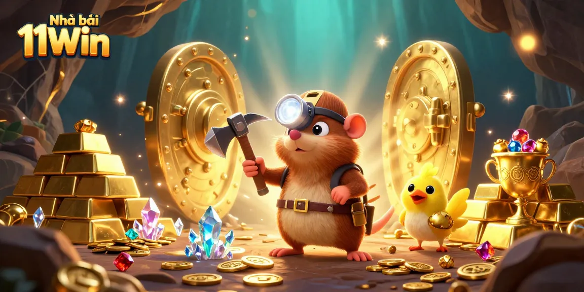 Engage with Nhà cái 11Win as a cartoon mole discovers treasures in a dynamic casino scene.