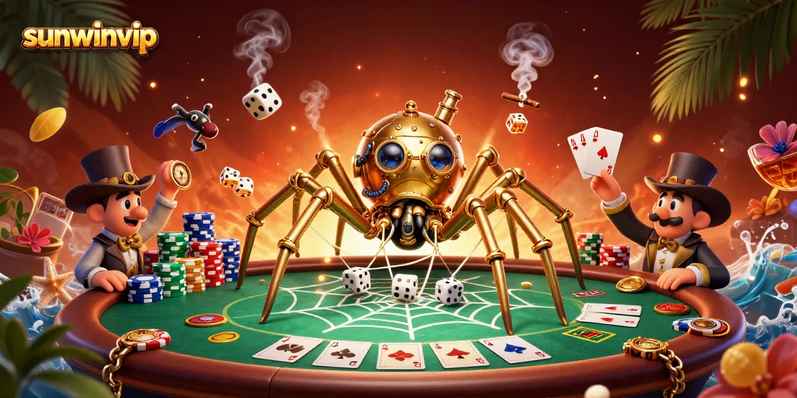 Experience thrilling chances with sunwinvip, featuring a steampunk spider and poker elements.