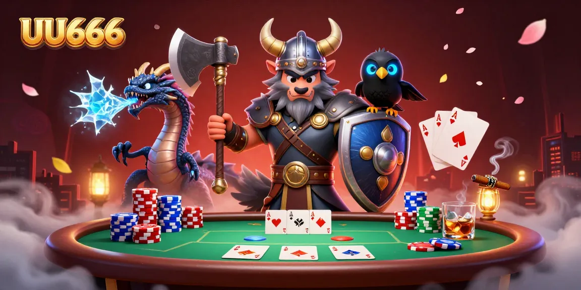 Engage in thrilling games at UU666 with a Viking wolf warrior, fierce dragon, and colorful poker elements.