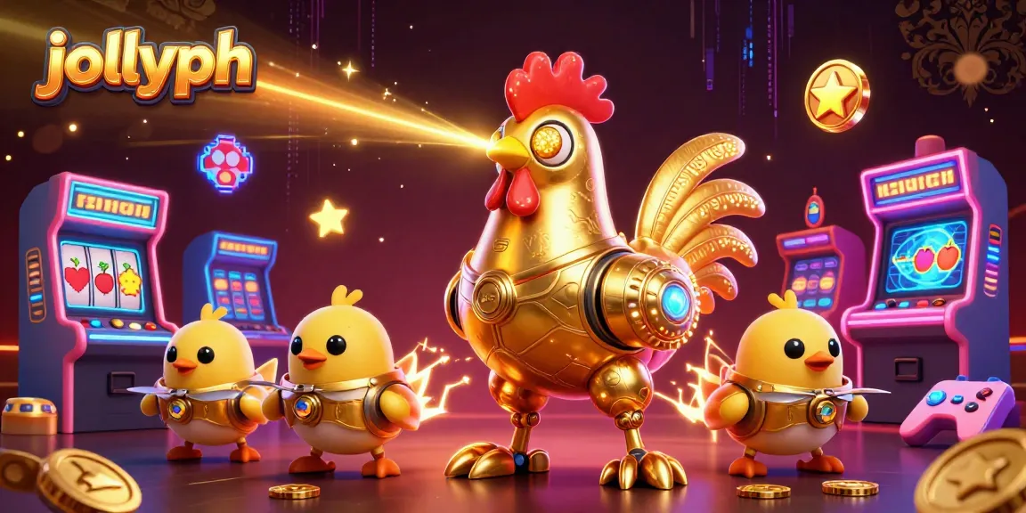 Win big with jollyph at this vibrant casino scene featuring a golden rooster robot and interactive arcade elements.