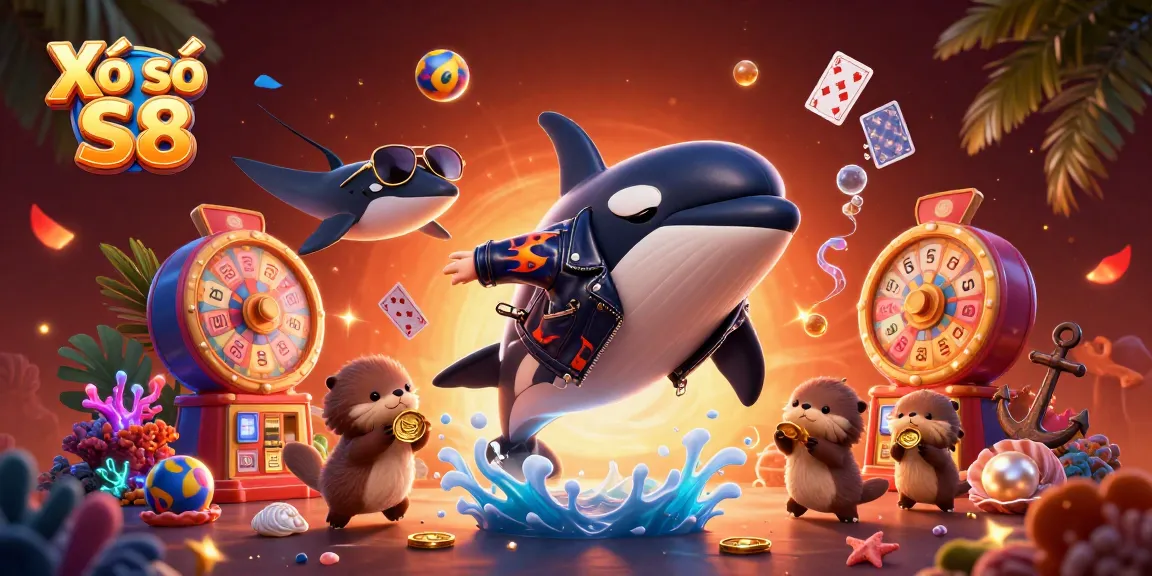 Xổ số S8 showcases a vibrant scene with an orca, stingray, and otters engaging in thrilling lottery-themed adventures.