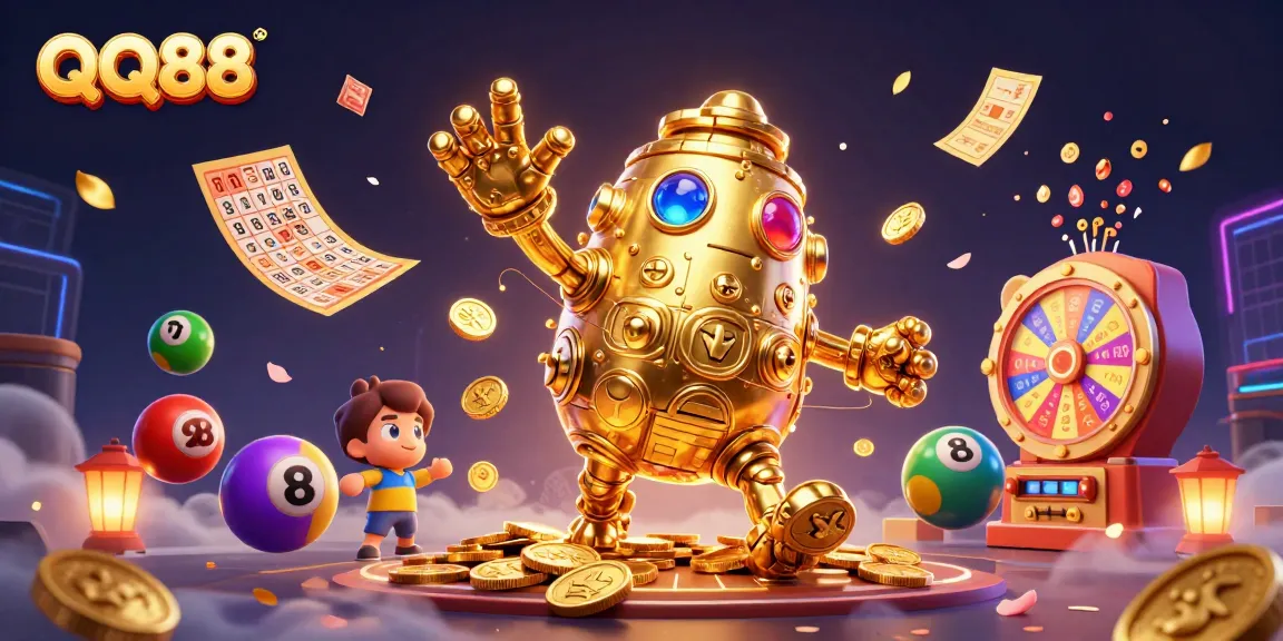 Experience QQ88 with vibrant lottery elements, dynamic action, and the golden golem in this interactive casino art.