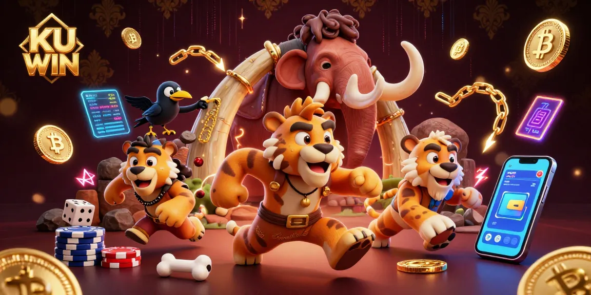 Experience the excitement at KU WIN with a lively prehistoric casino scene featuring cavemen and exciting gaming elements.